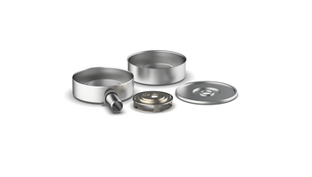 Collecting vessel with outlet and lid made of stainless steel 316L and labyrinth disk made of aluminium Collecting vessel with outlet and lid made of stainless steel 316L and labyrinth disk made of aluminium